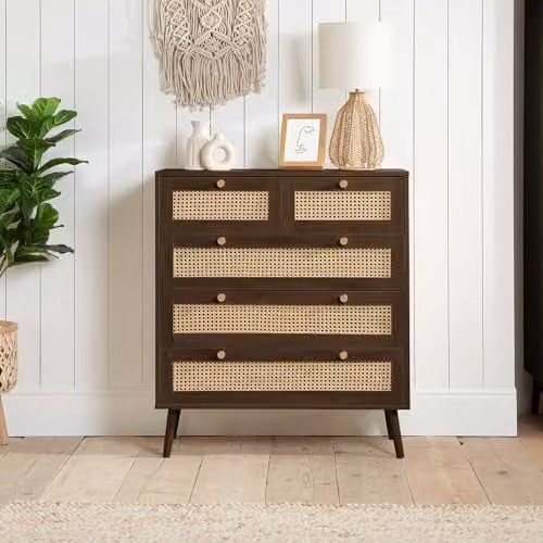 Birlea Croxley 5 Drawer Rattan and Walnut Chest of Drawers in Brown and Gold – 2
