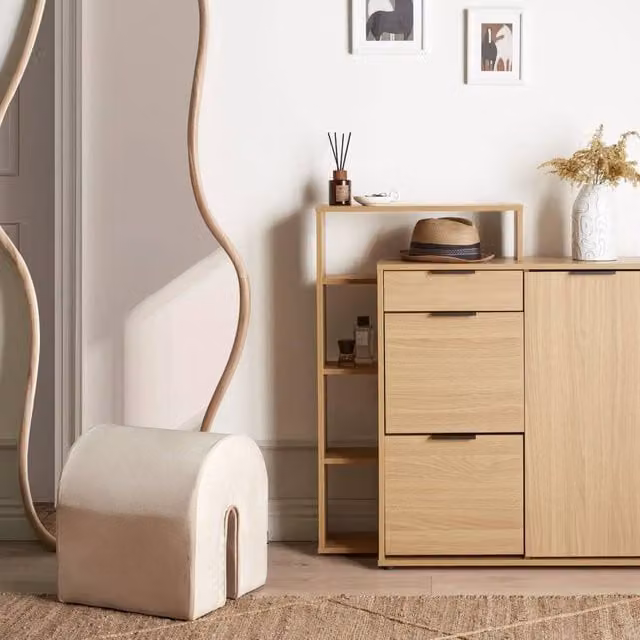 Wyld and Coco Wall-Mounted Shoe Storage Cabinet with Tilting Compartments and Drawer in Brown and Beige – 1