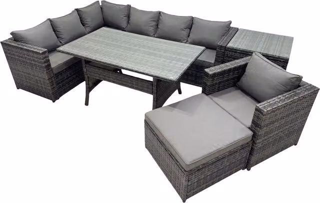 Fimous 8-Seater Outdoor PE Rattan Sofa and Dining Set with Tempered Glass Table in Dark Grey Mixed