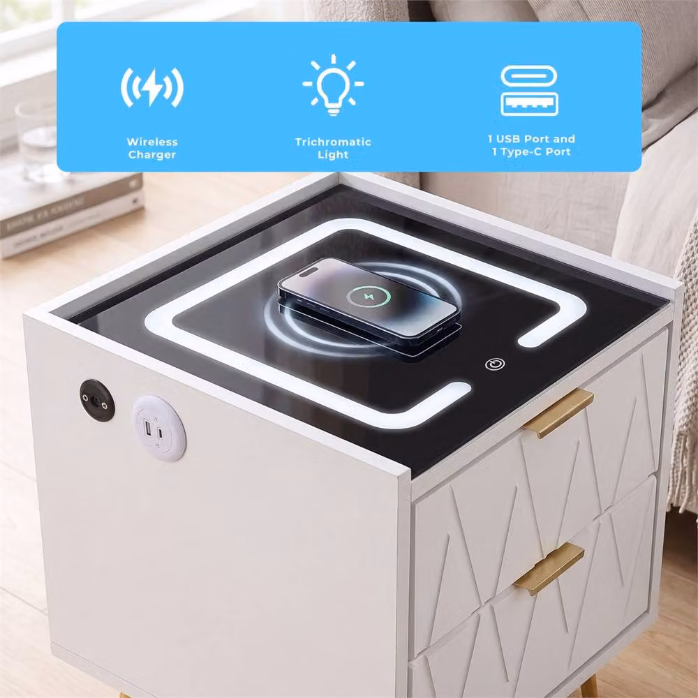 SPETLEK Modern LED Bedside Table with Drawers in White Glossy Finish – 4