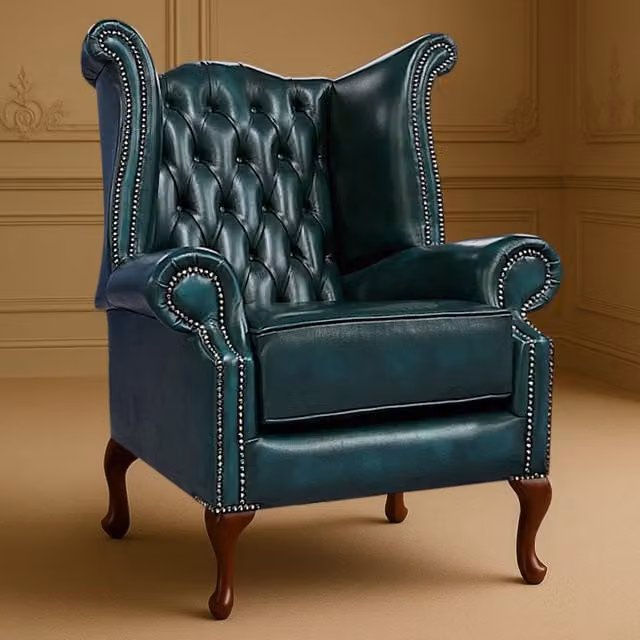 Somnior Beds Ltd Scrolled Wingback Chesterfield Leather Arm Chair in Blue, W/D/H: 106.68 x 92.71 x 71.12 cm