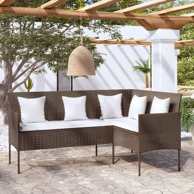 Berkfield Home Modern L-shaped Poly Rattan Sofa with Cushions in Brown