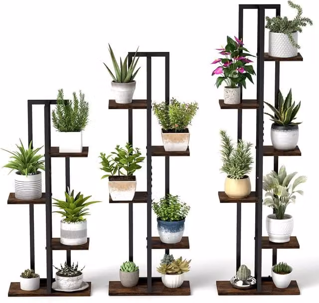 COSTWAY Modern Multi-Tier Freestanding Indoor Plant Stand in Brown Metal and Wood