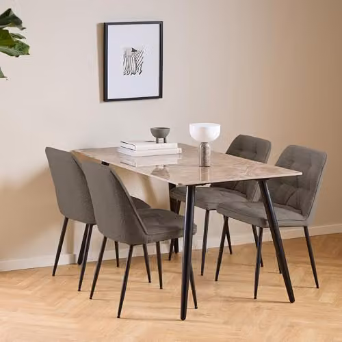 Furniture To Go Wicklow Ceramic Dining Table in Brown and Black with 4 Brooke Dining Chairs in Taupe, W/D/H: 140 x 75 x 75 cm