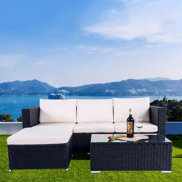 Madefor.living Dunham 4 Seat Rattan Sofa Set with Coffee Table in Black and White
