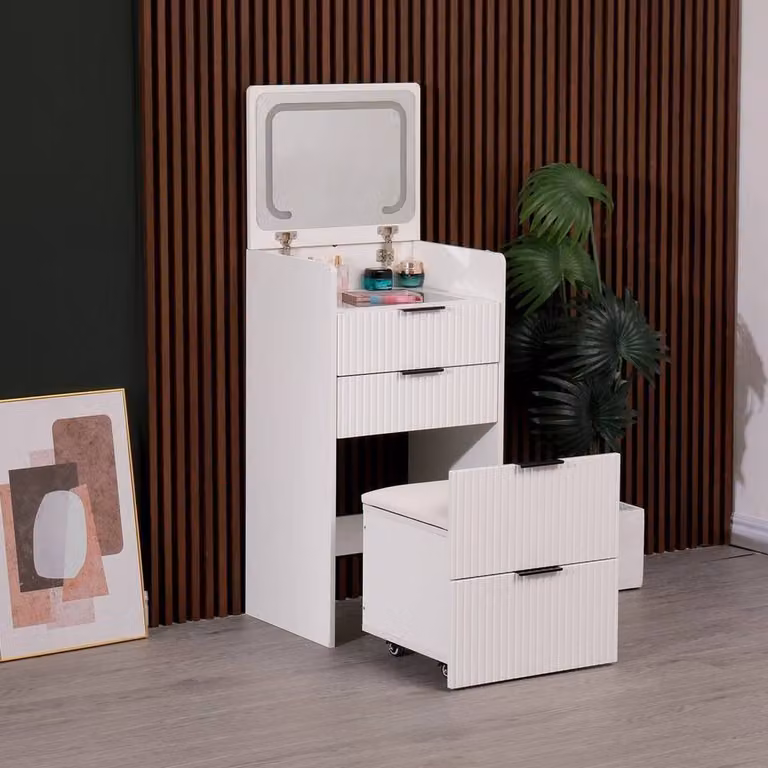 PAWNORA Modern White Makeup Vanity Dressing Table and Stool Set with Hollywood LED Mirror and Lift Mechanism