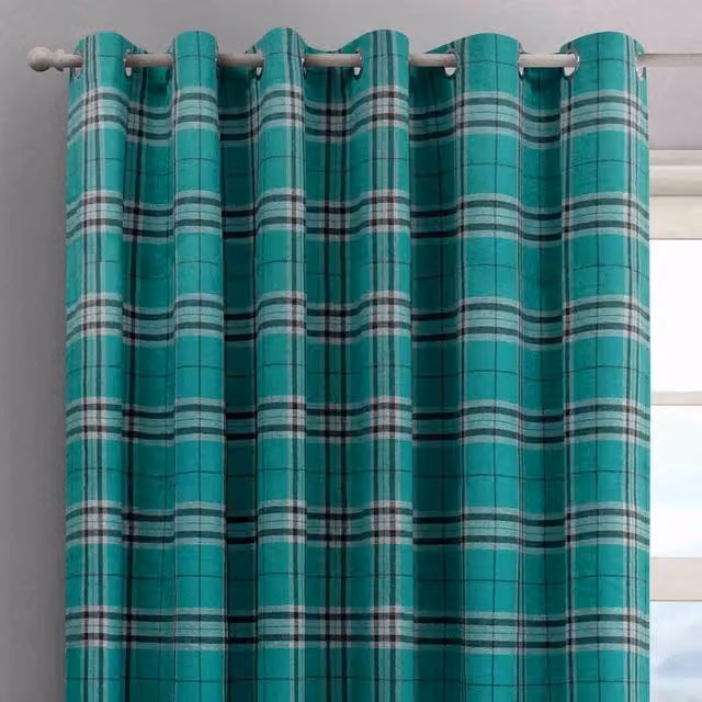 Intimates Hugo Check Blackout Eyelet Curtains in Petrol Blue, Width: 168 cm, Drop: 183 cm