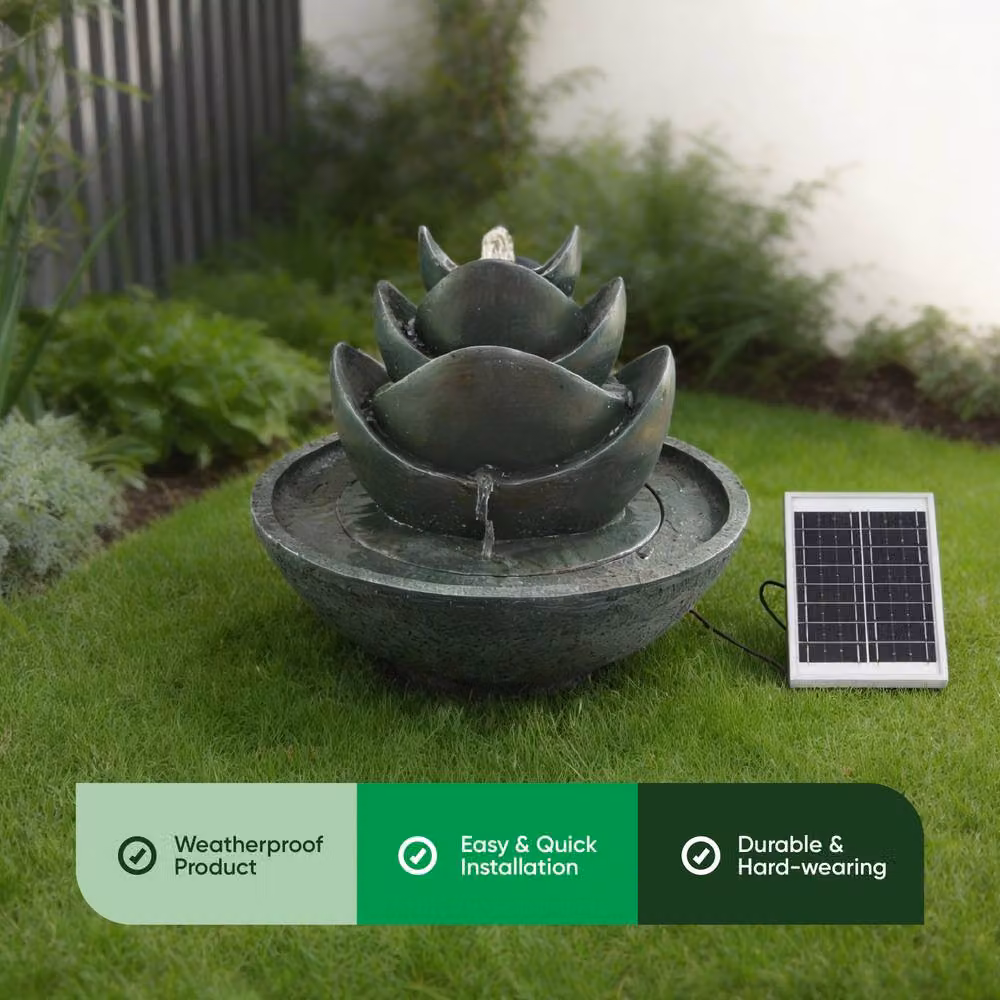 Gardenwize Solar 3 Tier Lotus Water Feature with Warm White LED Lights and Battery Backup in Grey, W/D/H: 44 x 54 x 54 cm – 3