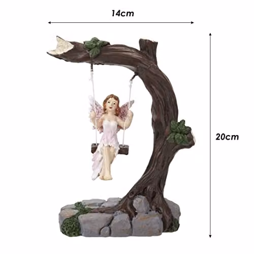 PMS Resin Fairy on a Swing Garden Ornament in Brown and Multicolour, W/D/H: 18.5 x 20.0 x 14.0 cm – 5