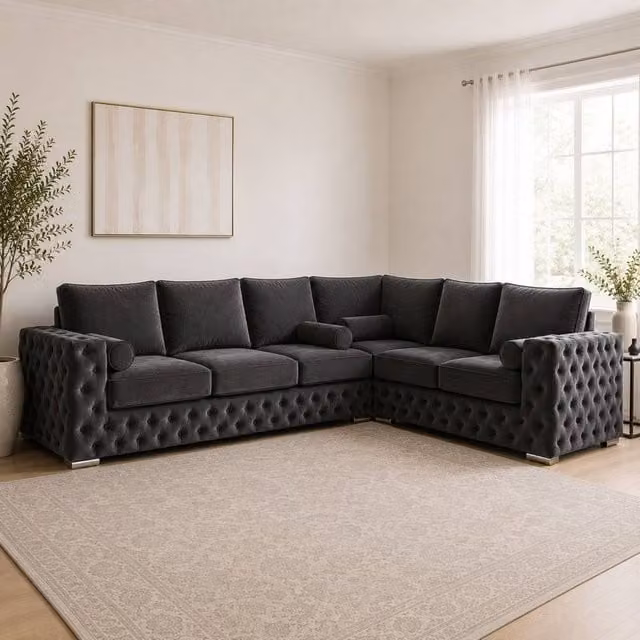 Stratus Interiors Ashley Chesterfield Full Back L-Shape Corner Sofa in Dark Grey Plush Velvet Fabric – 1