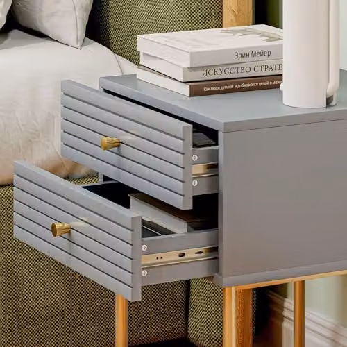 HOMCOM Set of 2 Modern Grey Bedside Tables with 2 Drawers and Gold Steel Legs – 5