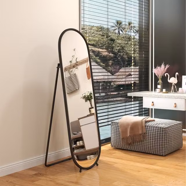 HOMCOM Modern Oval Full Length Mirror, Black, Wall-Mount or Leaning