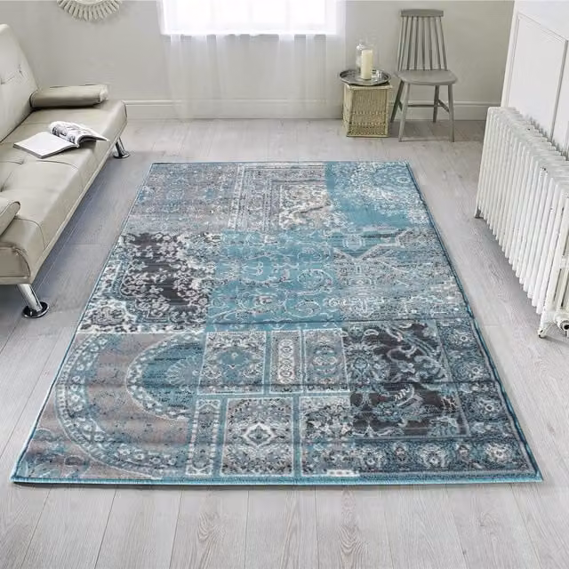The Rug House Blue Vintage Patchwork Rectangular Living Room Rug W: 170 cm, D: 120 cm