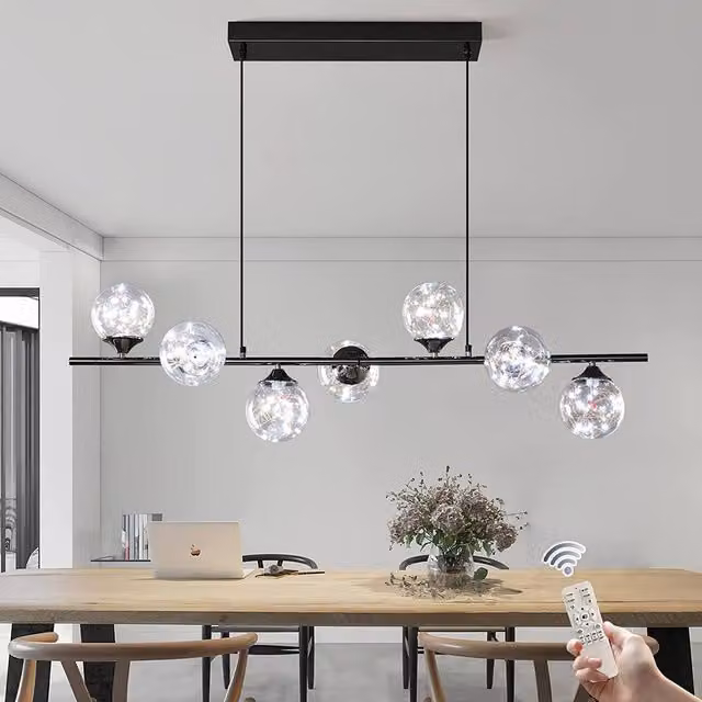 Garwarm 7 Dimmable LED Linear Pendant Light with Transparent Glass and Black Metal Finish, Height Adjustable – 1