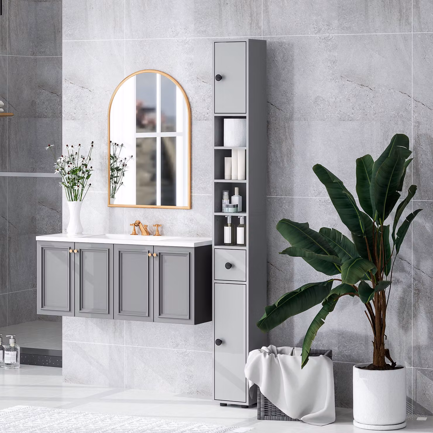 Kleankin Slim Grey Bathroom Cabinet with LED Lighting, Drawers and Shelves, Height: 180 cm – 4