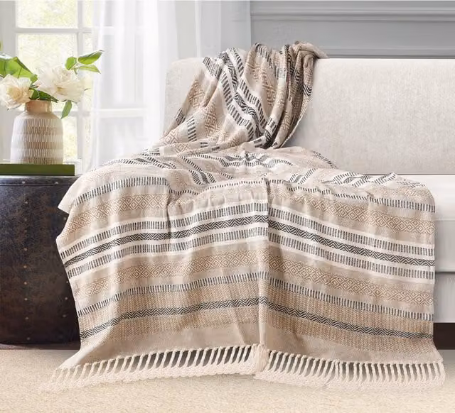 Velosso Woven Cotton Ethnic Geometric Throw with Fringes, Beige, W: 152 cm