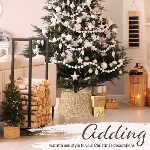 DECO EXPRESS Woven Christmas Tree Skirt in Beige, Round Rattan Base Cover, W/D/H: 66 x 51 x 25 cm – 4