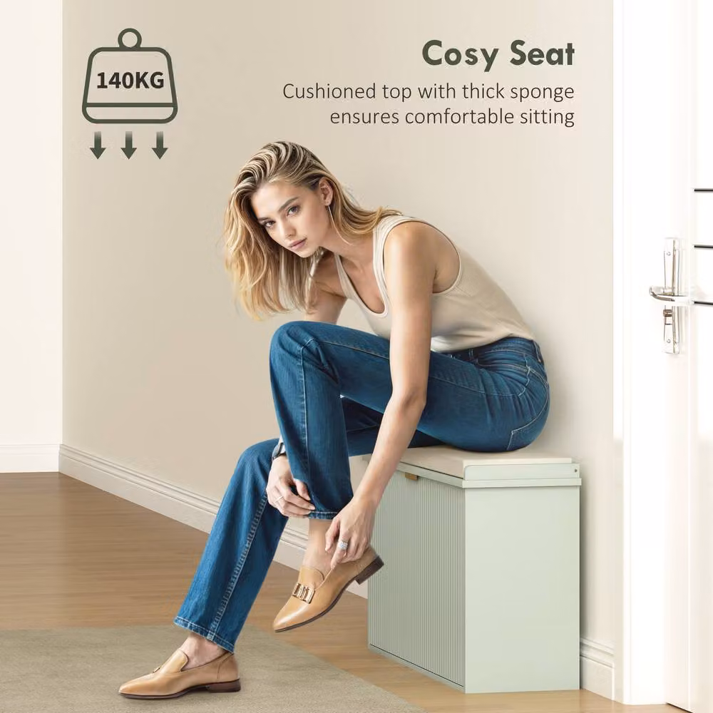 ERGOVEXA Green Eight-Shoe Storage Bench with Cushioned Fabric Seat and Gold Accents – 3