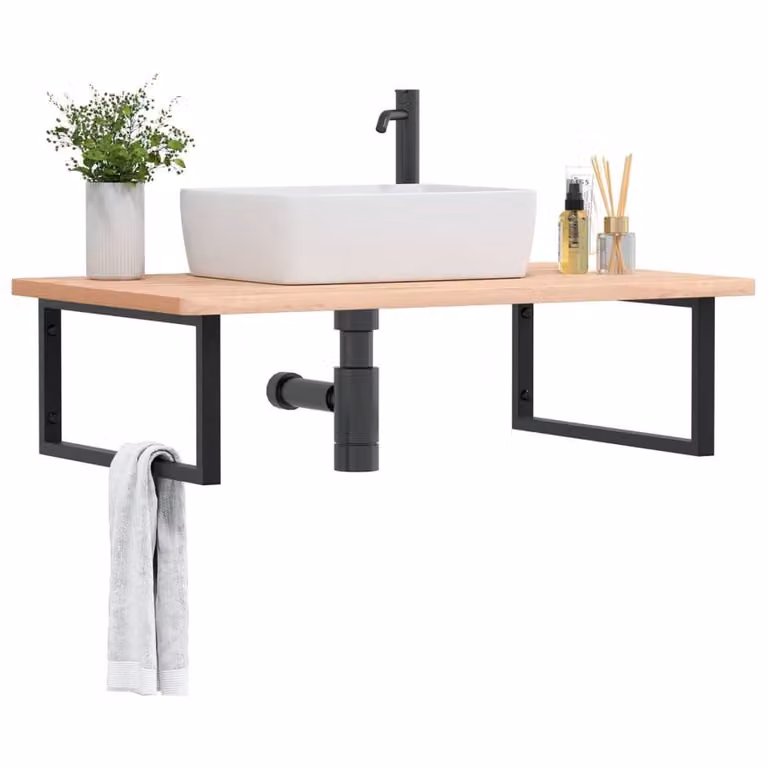 Berkfield Home Elegant Wall Mounted Basin Shelf in Light Tan Beech Wood and Steel