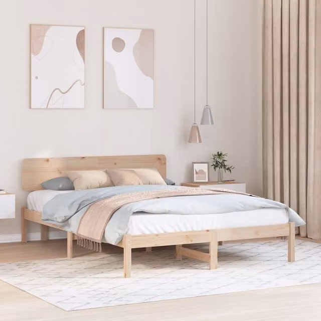 Berkfield Home Solid Pine Wood Bed Frame with Headboard, Beige, W/D/H: 200 x 200 x 74 cm – 1