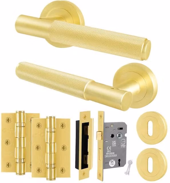 AFIT Satin Brass Round Rose Door Handle with Key Lock and Hinges in Gold – 1