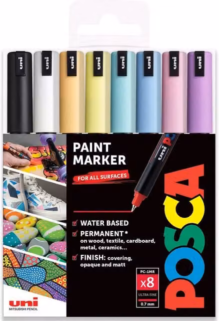 Posca PC-1MR Permanent Paint Marker Art Pens, 0.7mm Fine Tip, Pastel Pink and Multicolour, Pack of 8
