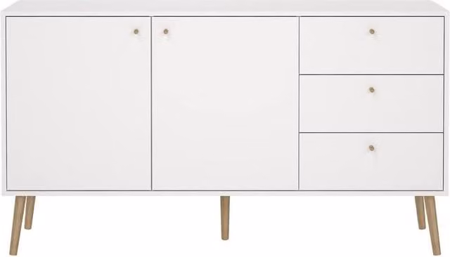 CALICOSY White 2-Door 3-Drawer Sideboard with Wooden Legs and Oak Details