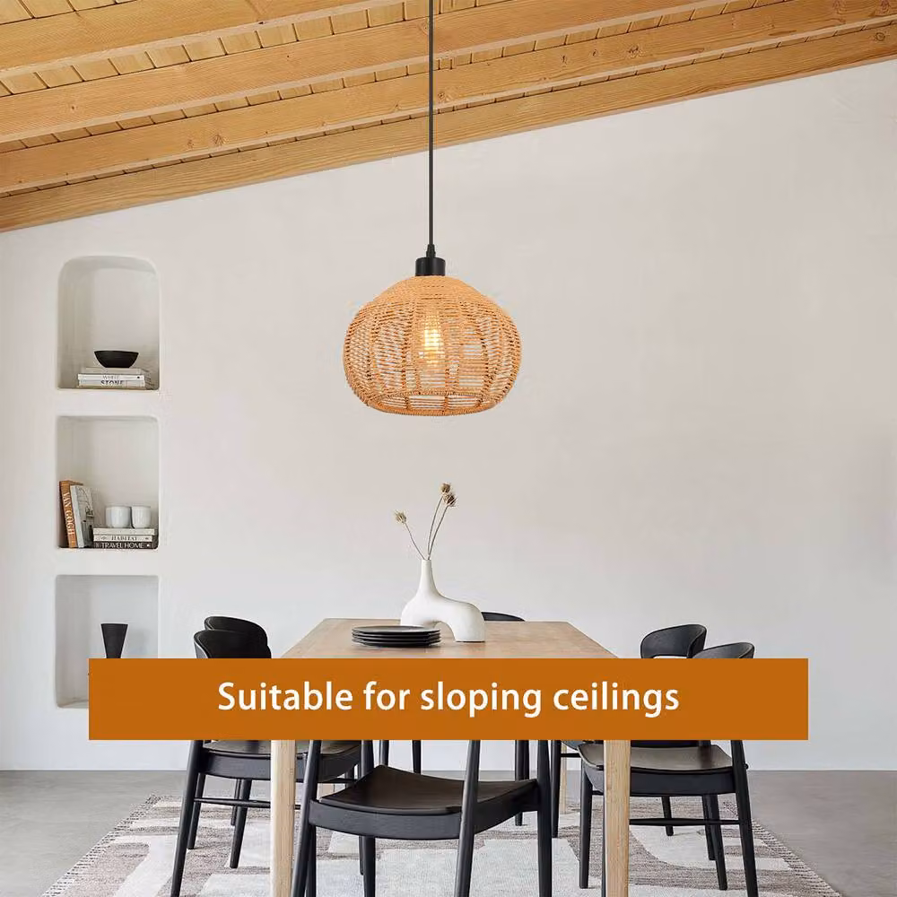 NIVOR Brown Rattan Single Globe Pendant Ceiling Lamp with Bohemian Farmhouse Style – 4