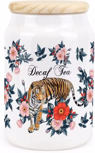 Purely Home Floral Tiger Ceramic Decaf Tea Storage Canister in Pink and White