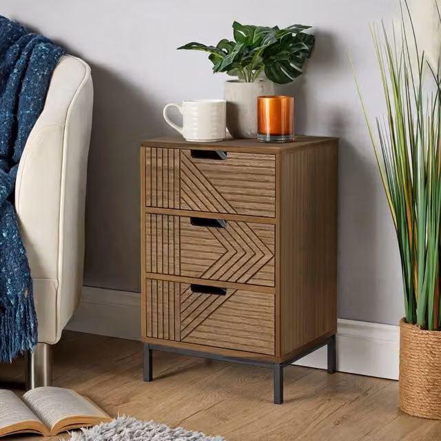 Home Source Mundesley 3 Drawer Bedside Table in Light Brown