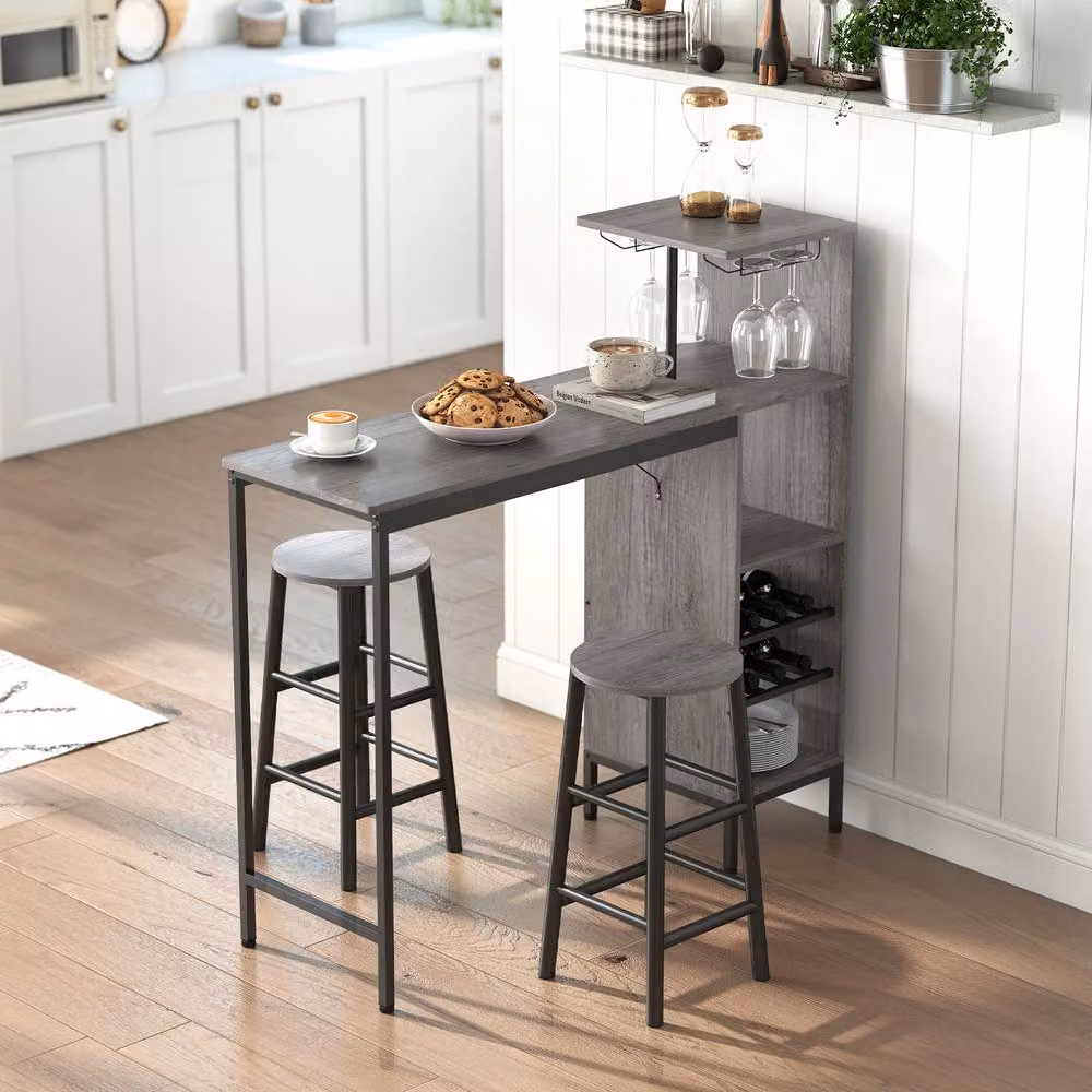 STILVORA 3 Piece Breakfast Bar Table Set with Storage Shelves in Grey – 2