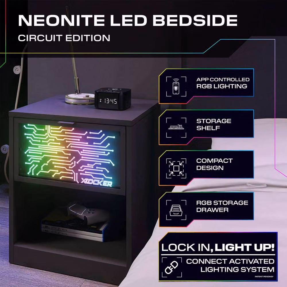 X Rocker NeoNite Black Bedside Table with Drawer and Integrated App Control LED Lighting – 2
