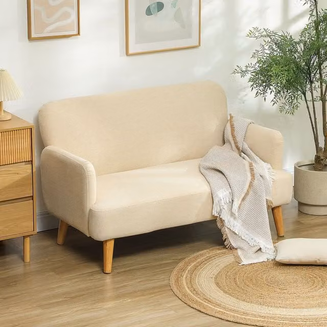 HOMCOM 2 Seater Velvet Upholstered Sofa in Beige with Rubberwood Legs