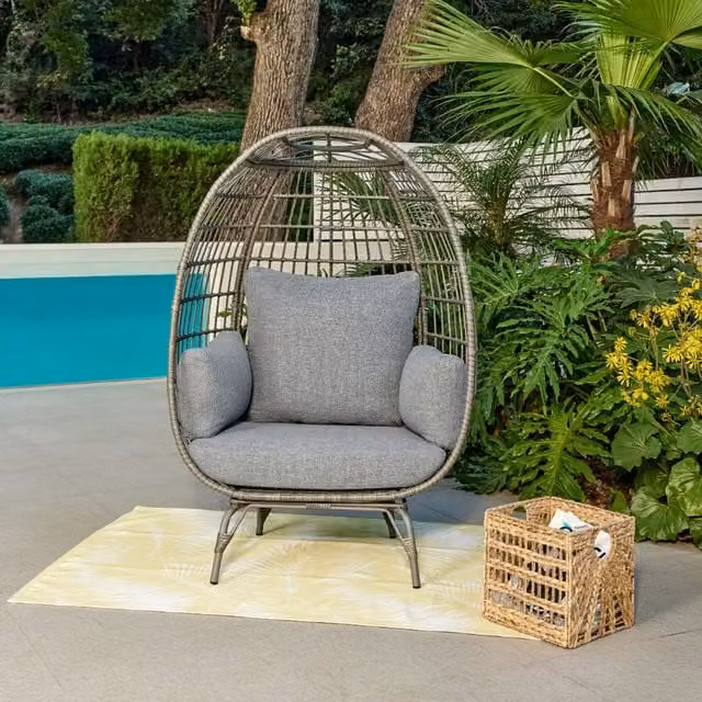 GRS Como Garden Egg Chair in Light Grey with Metal and Rattan Construction