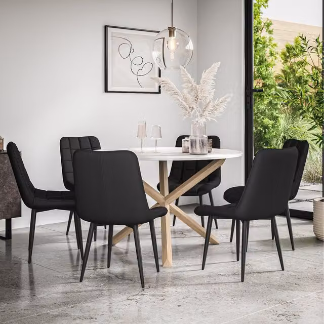 More4Homes Malvern Round Marble Effect Dining Table Set with 6 Nova Dining Chairs in Black and Oak