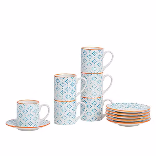 Nicola Spring 12 Piece Blue Hand Printed Porcelain Espresso Cup and Saucer Set, 65ml – 1