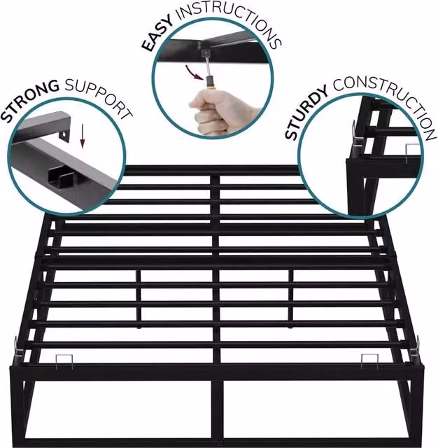 House Of Home FLAVORA Double Metal Bed Platform Frame in Black, Cot Size