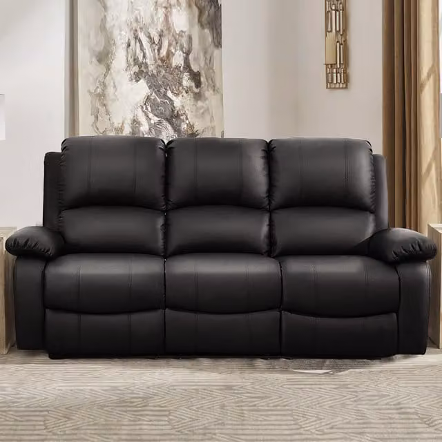 Comfy Living Black Bonded Leather Reclining 3 Seater Sofa