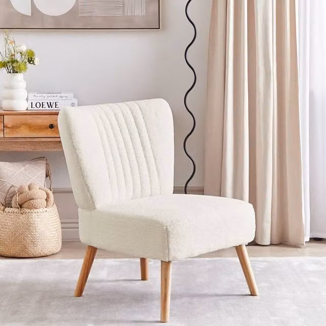 Wyld and Coco Armless Chair in White Boucle with Vertical Tufting and Rubberwood Frame