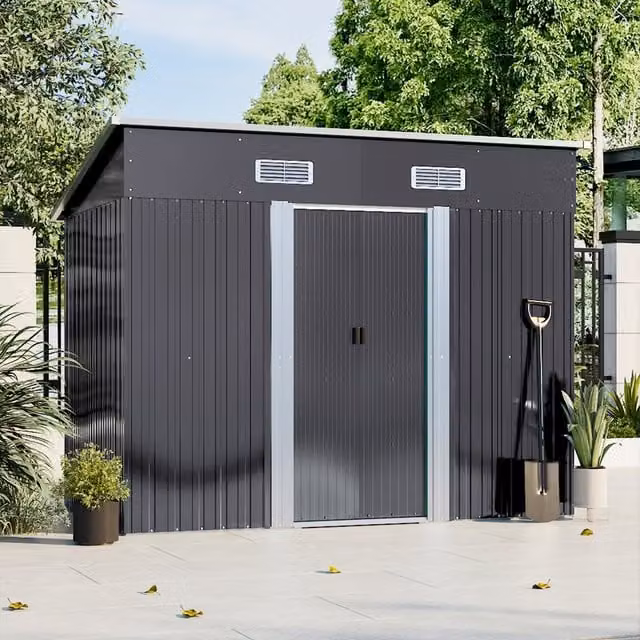 Breeins Metal Pent Garden Storage Shed with Double Doors, Charcoal Black