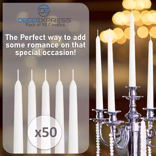 Deco Express Classic Dripless Tapered Metallic Unscented Candles, White, 50 Pack – 5