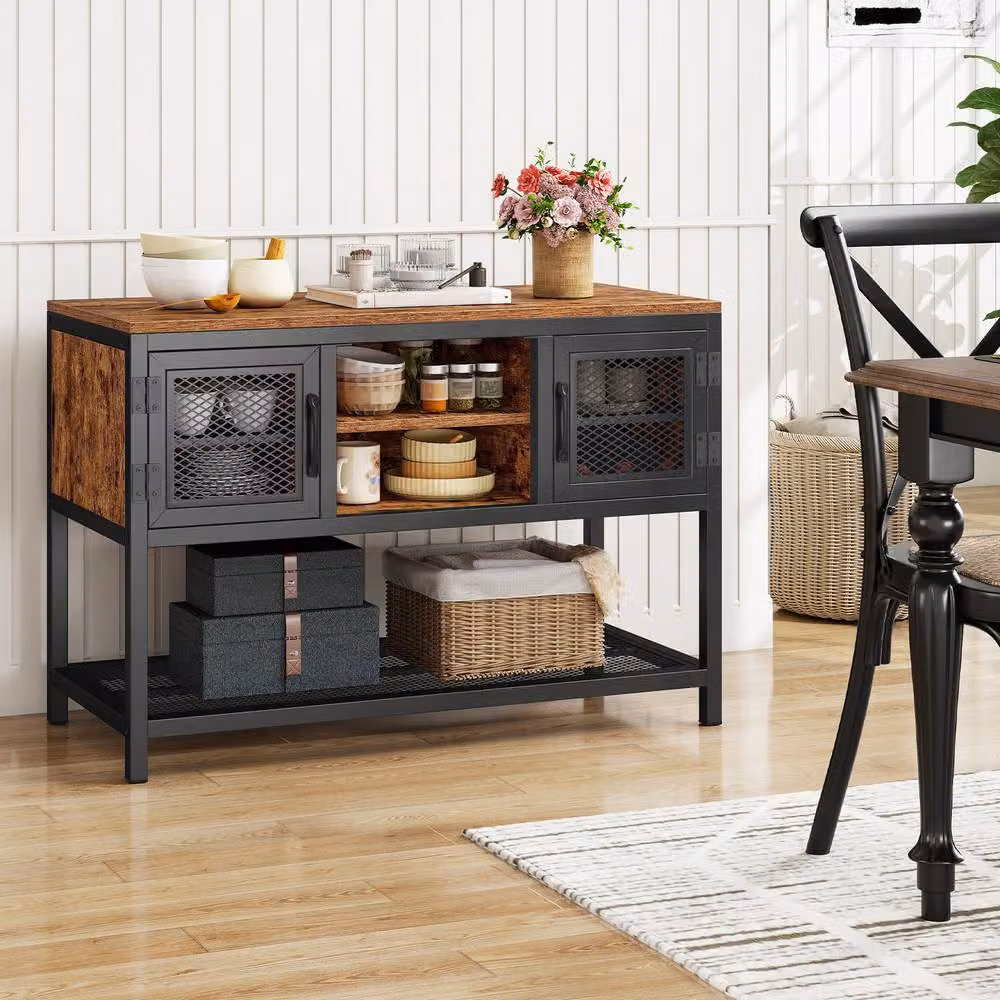 Gymax Industrial Entryway Storage Table and Sideboard with 2 Metal Mesh Doors in Brown – 4