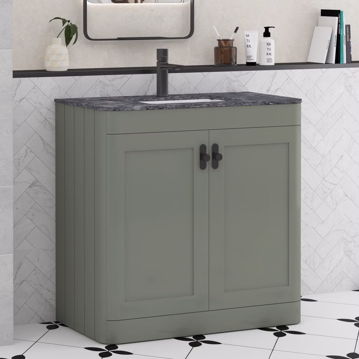 Royal Bathrooms Henley 800mm Sage Green Floor Standing 2 Door Bathroom Vanity Unit with Black Star Stone Top and Matt Black Knobs