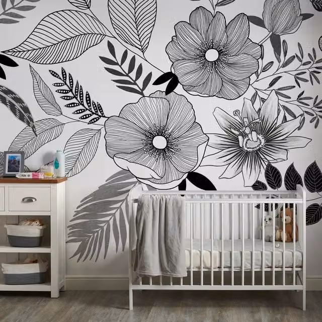 Grandeco Botanical Floral Mural Wallpaper in White and Black, Washable Vinyl, W: 280 cm x H: 250 cm