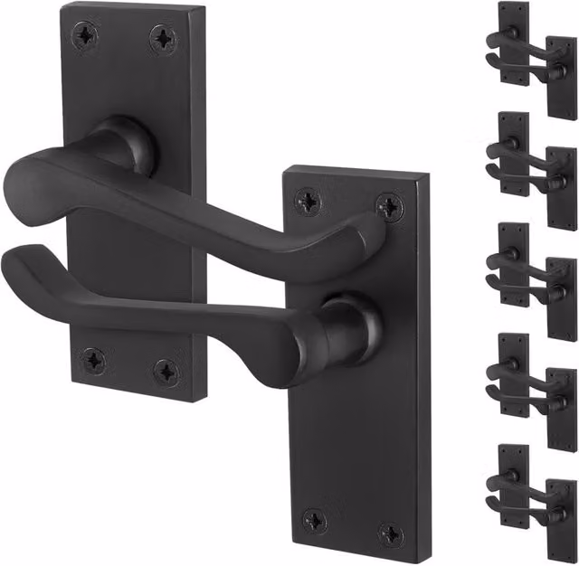 AFIT Matt Black Victorian Scroll Door Handles and Latch with Backplate, 6 Pairs, W/H: 150 x 150 mm – 1
