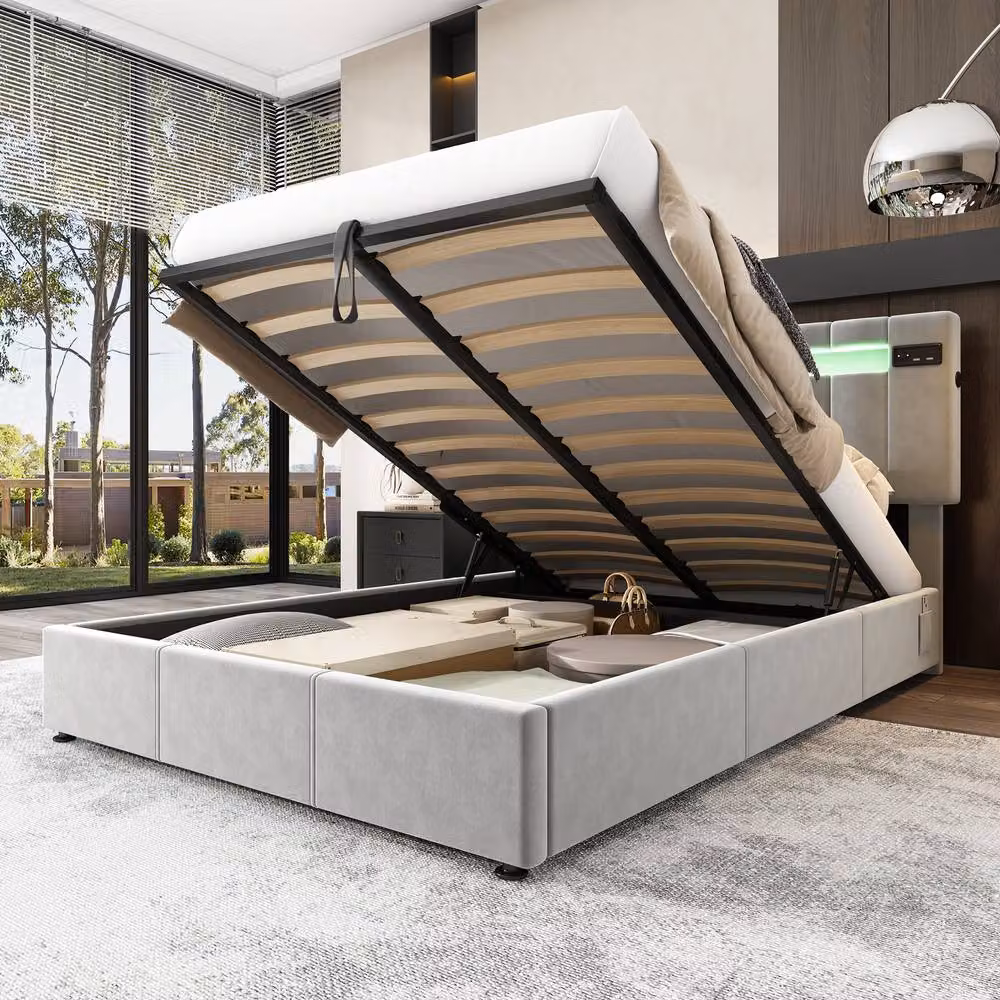 Merax Double Ottoman Storage Bed in Grey with LED, USB Ports and Bluetooth Speakers, W/D/H: 150 x 200 x 38.5 cm – 4