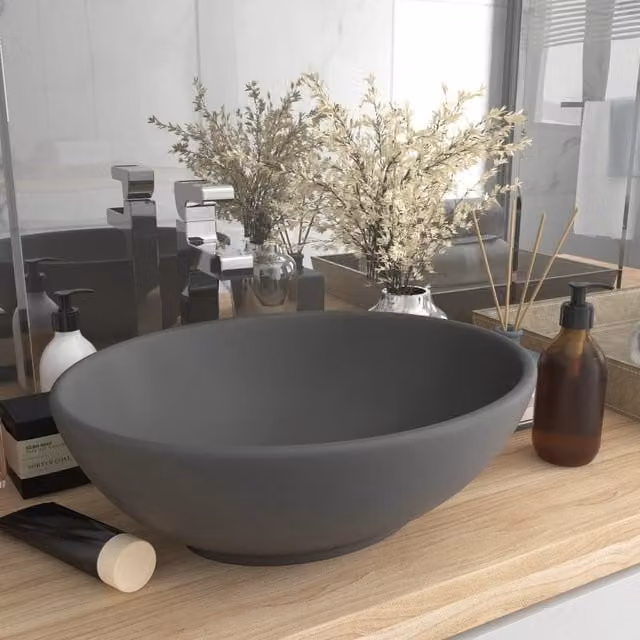Berkfield Home Luxury Oval Ceramic Countertop Basin in Matt Dark Grey, W: 40 cm, D: 33 cm – 1