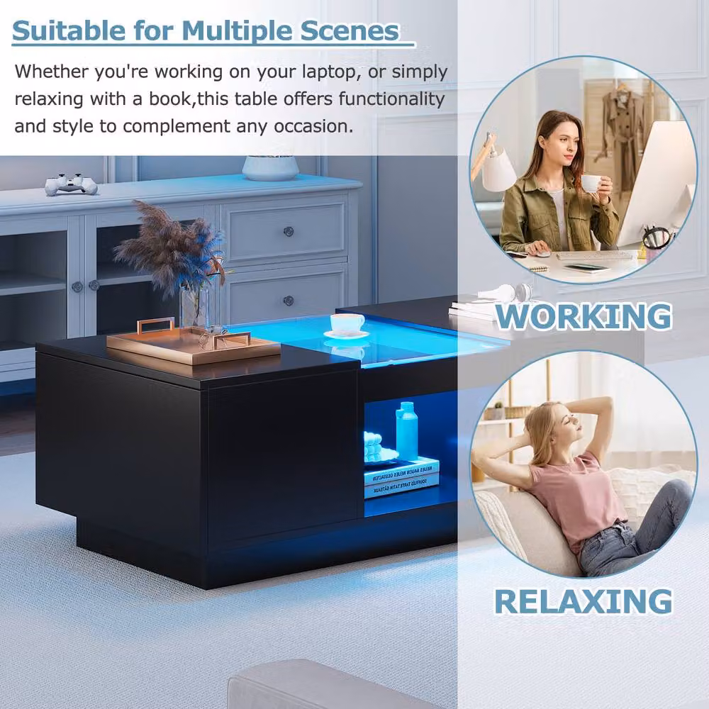 STILVORA Modern Black Rectangular Coffee Table with LED Lights and 2 Drawers – 6