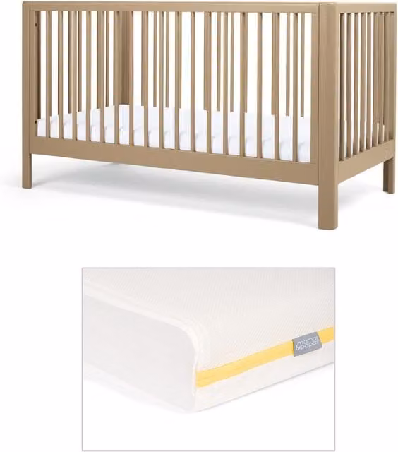 Mamas & Papas Arbor Cotbed and Essential Airflow Fibre Mattress Bundle, Brown