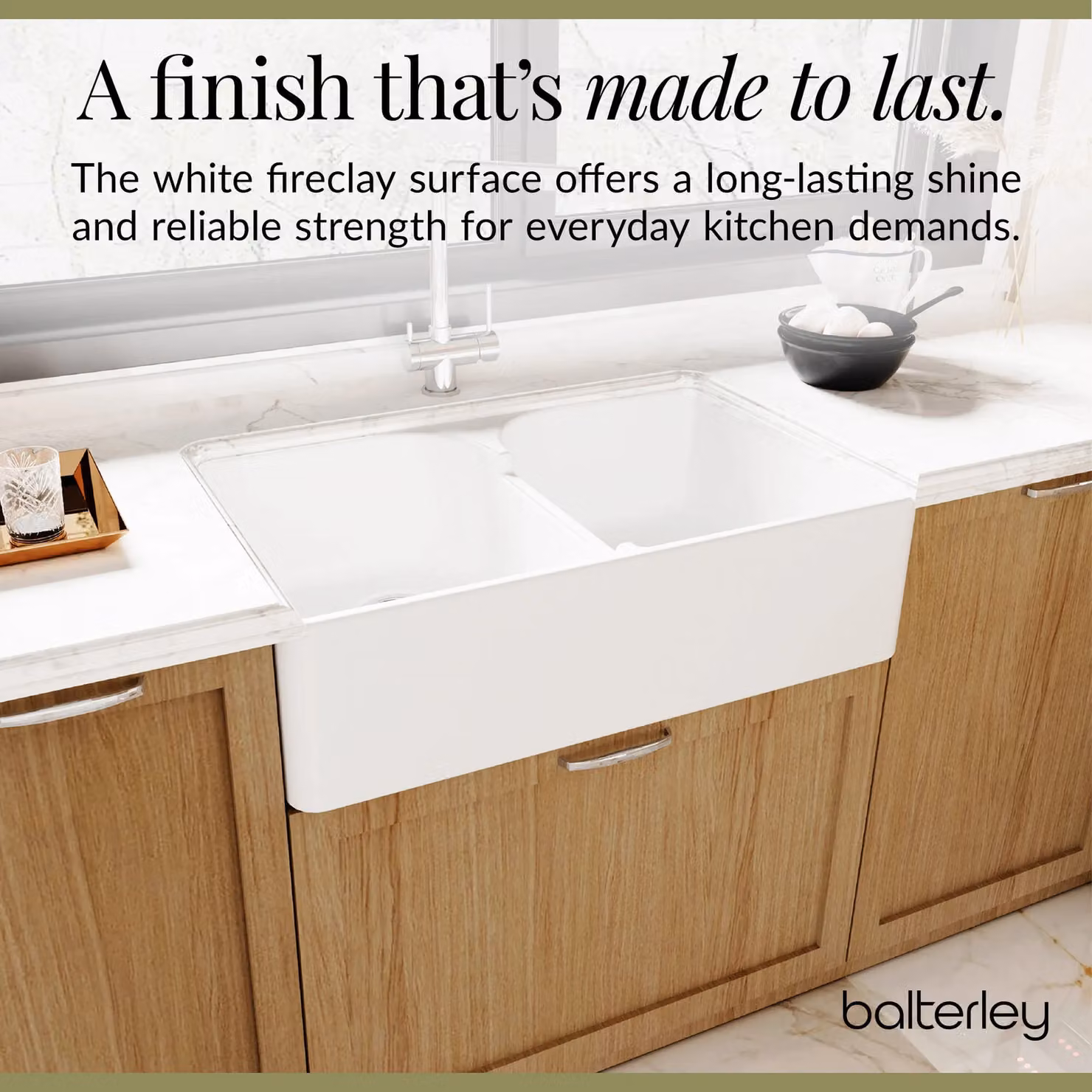 Balterley 2 Bowl Fireclay Butler Sink with Stepped Weir Wastes, White, W: 79.5 cm, D: 50 cm, H: 22 cm – 3